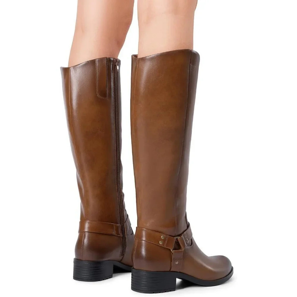 🆕Women's Polyurethane Light Brown Buckle Side Zipper Squared Toe Knee High Boot